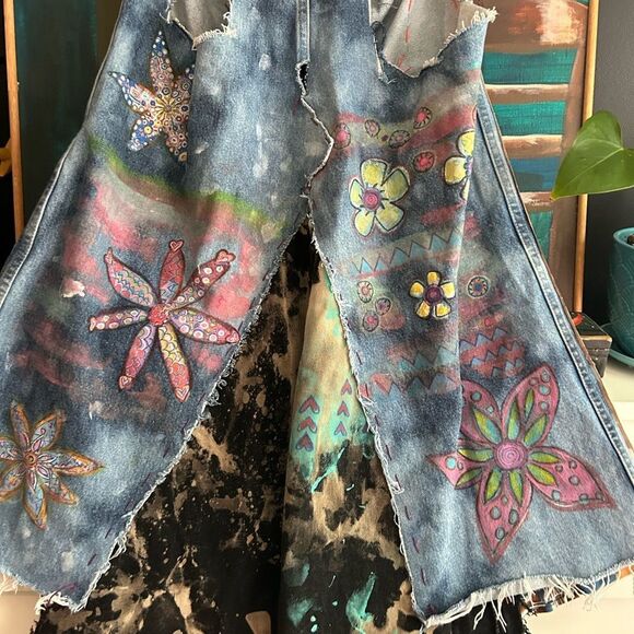 Patchwork Denim Jumper Skirt Upcycled Overall Dress Painted One of a Kind OS - Picture 15 of 16